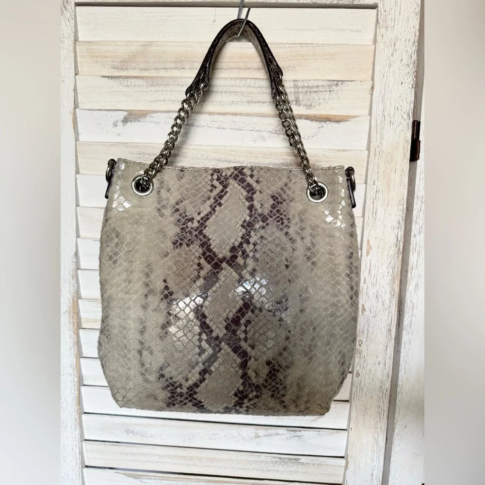 MICHAEL KORS JET SET Gray Python Print Leather Convertible Chain Handbag